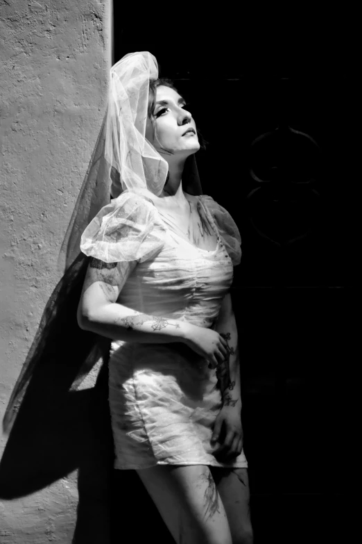 a woman in a dress and veil poses for a pograph