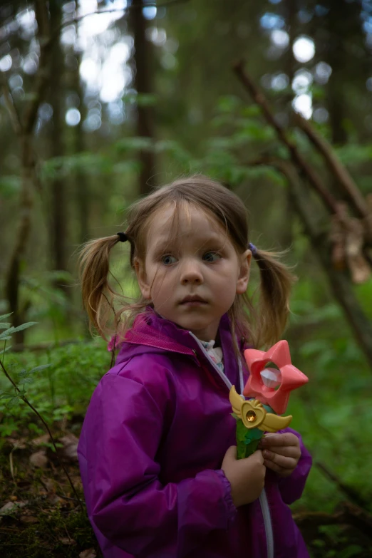 small child wearing purple jacket standing in forest with toy