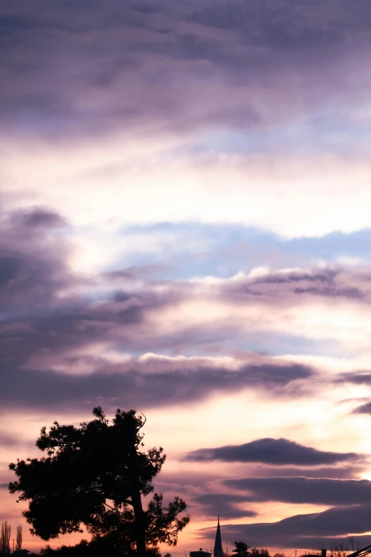 a very cloudy sky, some buildings and a tree in the distance