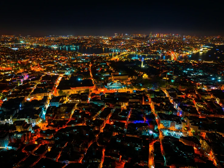aerial view of city at night from above