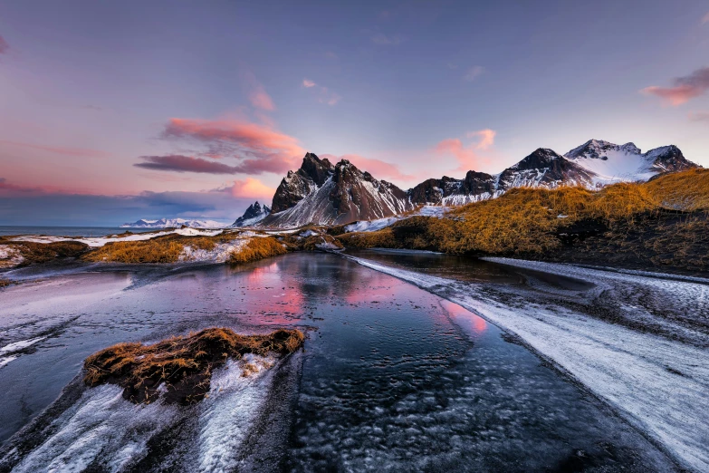 the snowy landscape and mountains are seen in this po