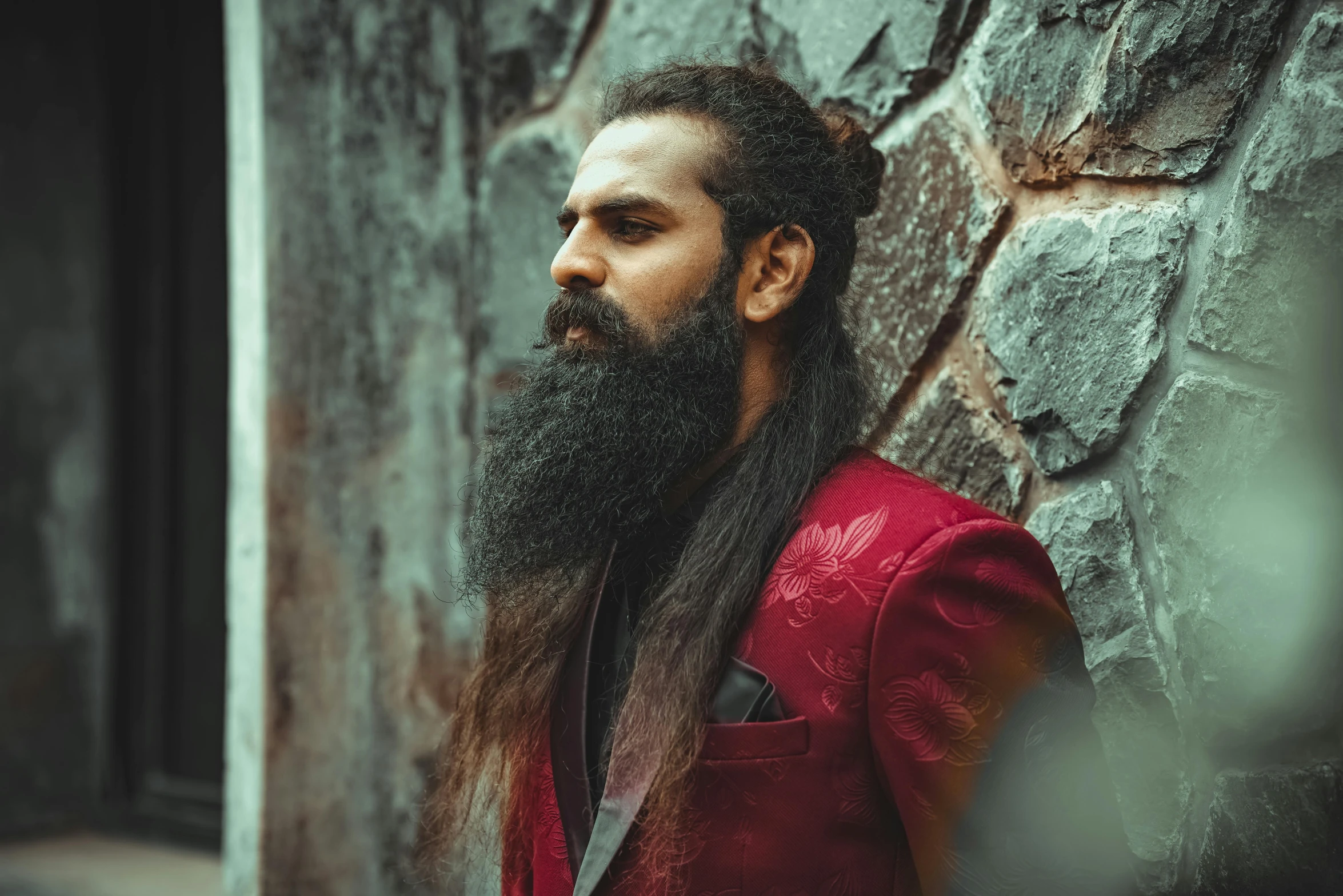 bearded man with long hair and beard in front of a wall