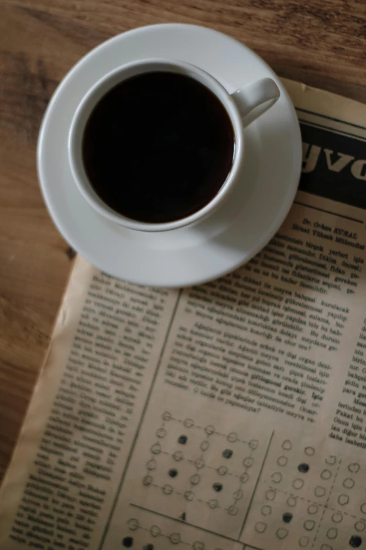 cup of coffee sits on newspaper on wooden table