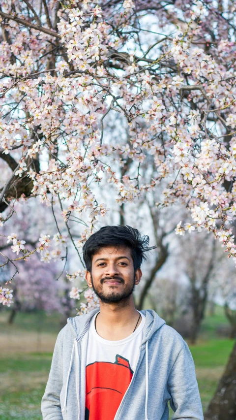 a man standing next to a tree full of blossoms