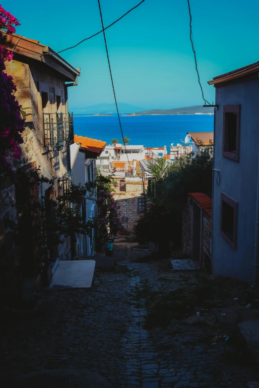 a group of houses with their windows down, near the ocean