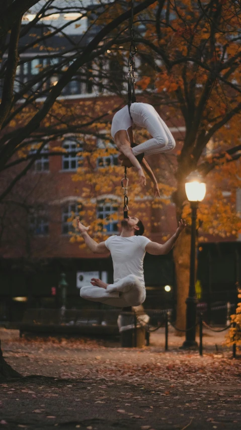 a person on a swing in a park with some trees