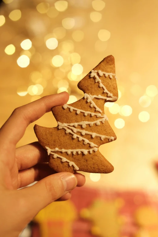 two hand holding cookies with christmas tree decorations