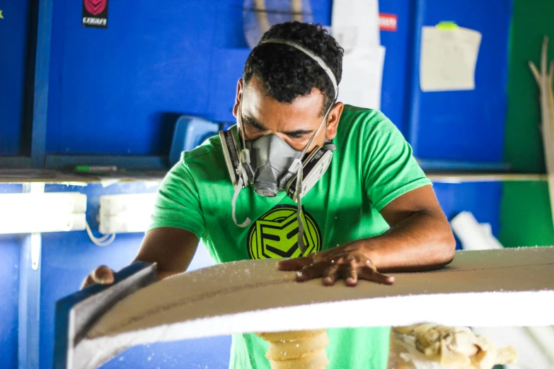 a man in a mask and goggles with work tools