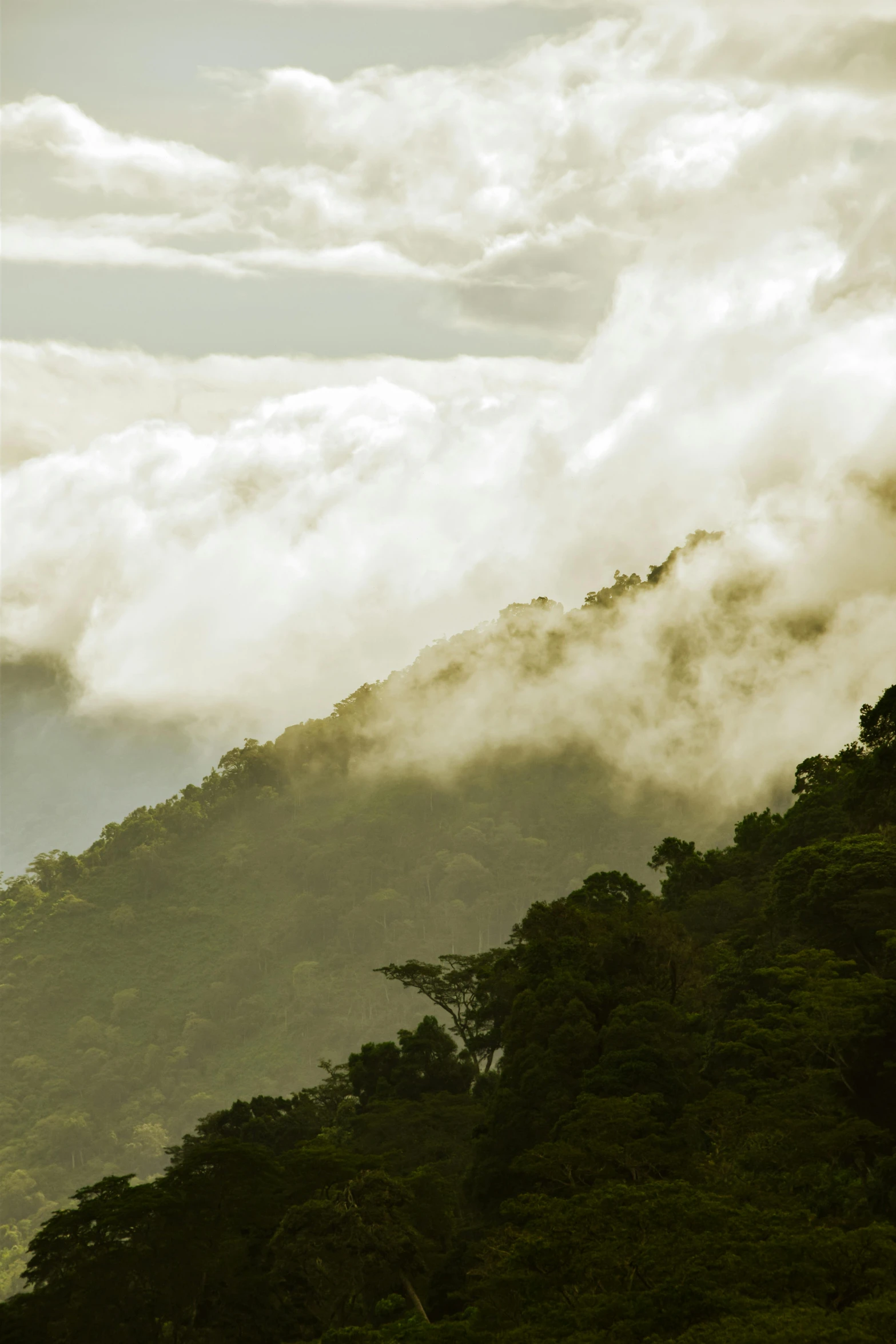 an airplane is flying low over the mountains