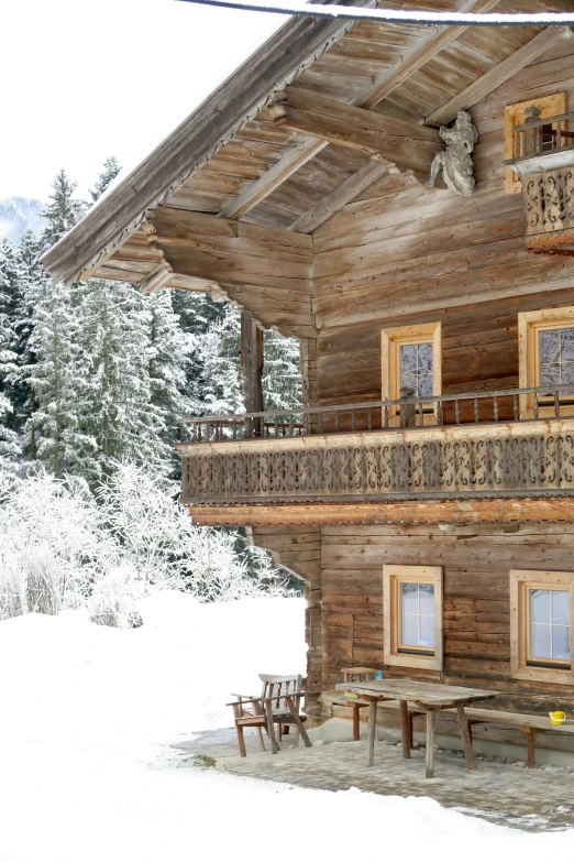 an open balcony on the upper level of a log house