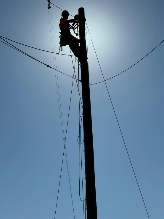 there are two workers climbing on the telephone wires