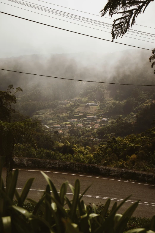 a foggy day overlooking a mountain village