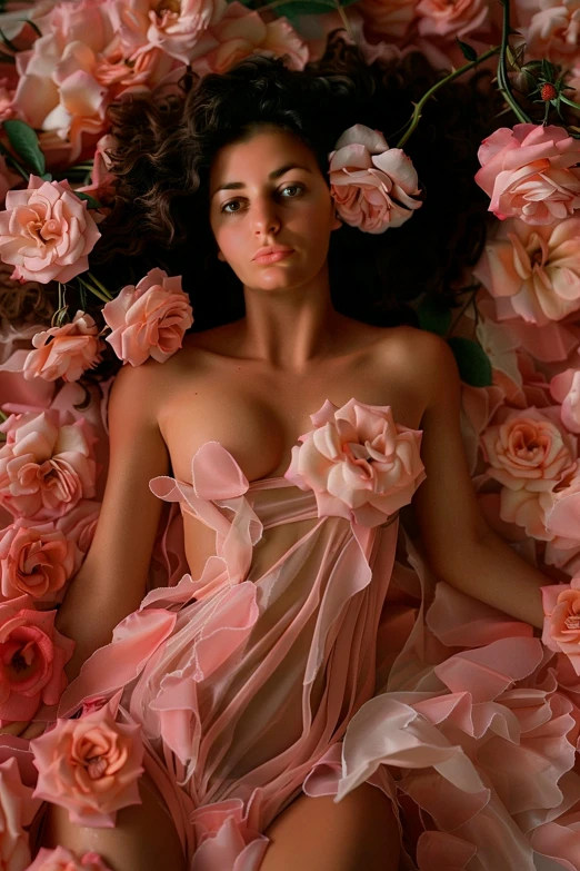 a woman laying in a flower bed surrounded by pink flowers
