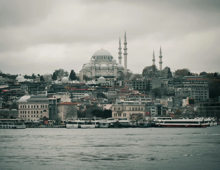 a large body of water with a church and a city behind it