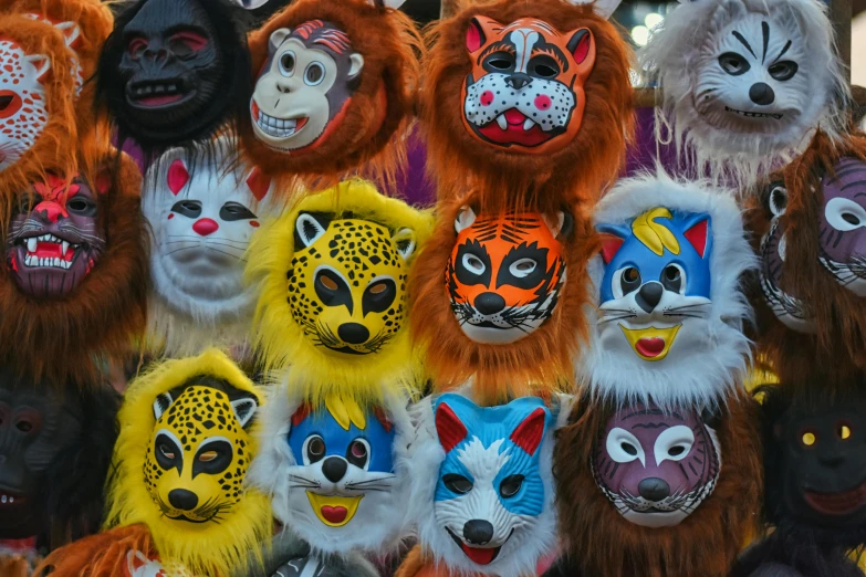 the masks on display are of different shapes and colors