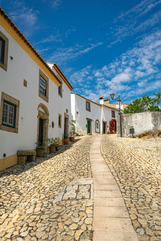 the road is cobblestone between two white buildings