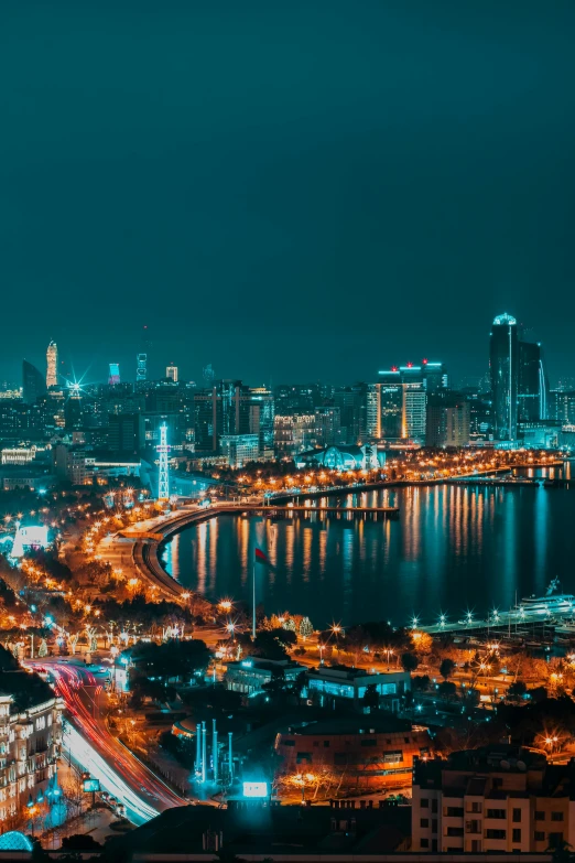 an aerial view of the city lights at night