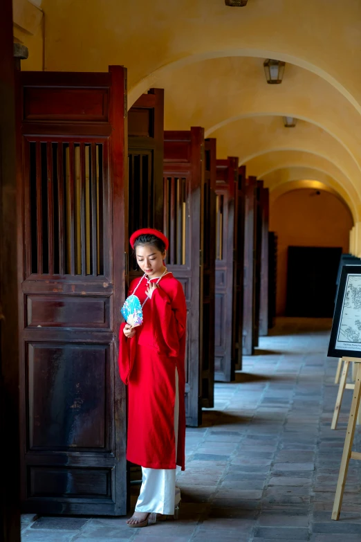 a woman in a long red dress stands in front of a wall with framed wooden panels and arched doorways