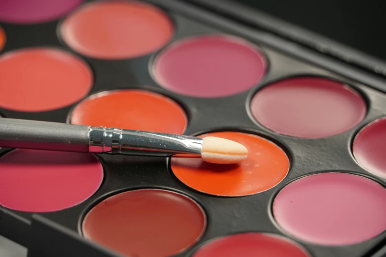 a makeup palette has an orange brush inside