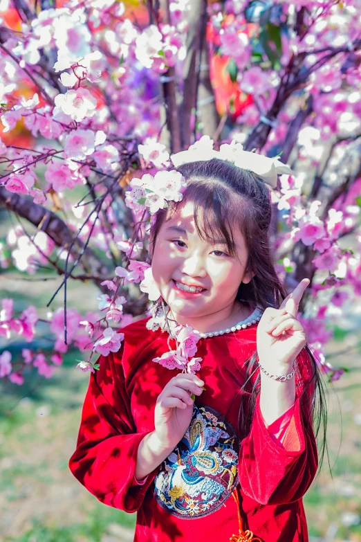 a  is dressed in traditional chinese clothing and holds flowers