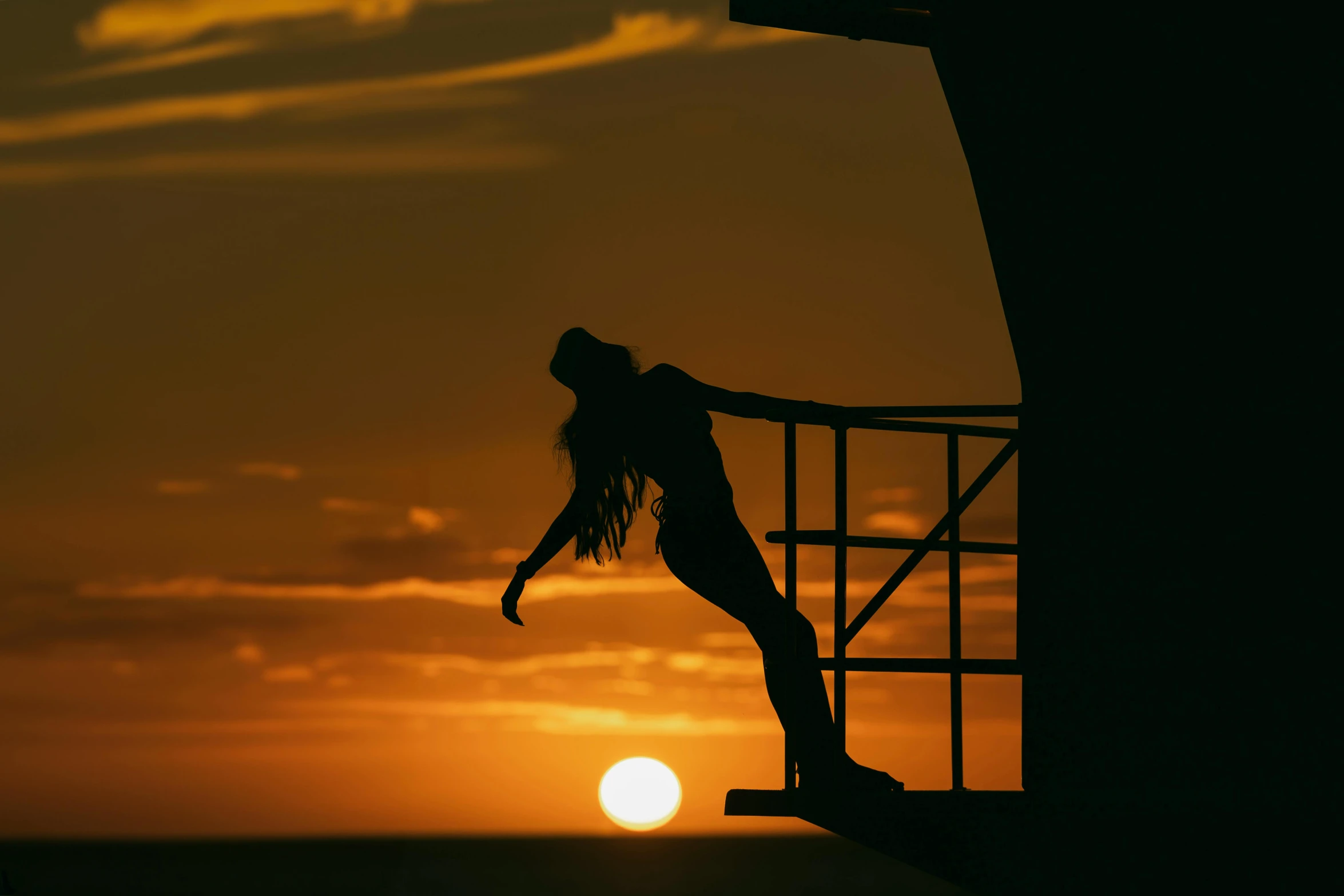 the woman is silhouetted against the setting sun on a ladder