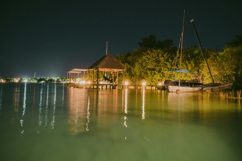 an image of boat docked at night in the lake