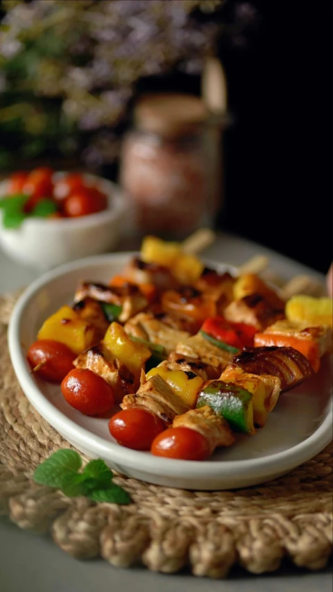 chicken and bell pepper skewers sitting on top of a plate