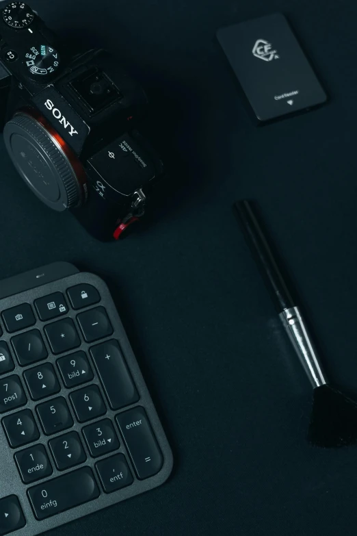 the black key board is resting next to the camera