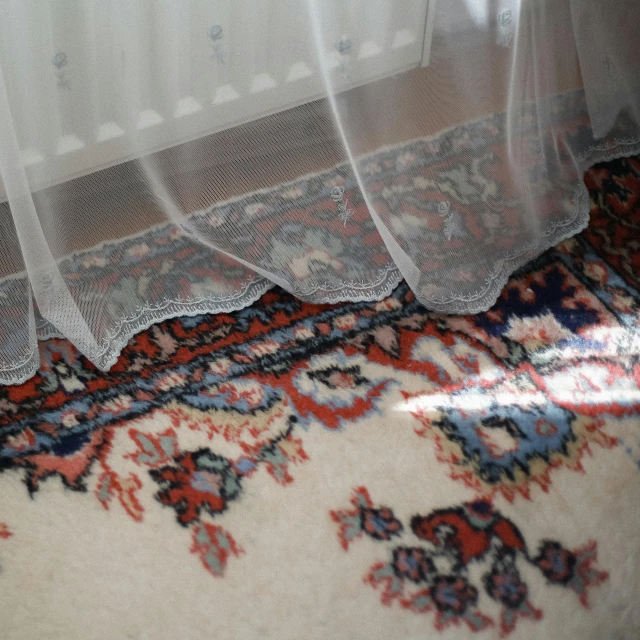 closeup image of sheer curtains over area rug