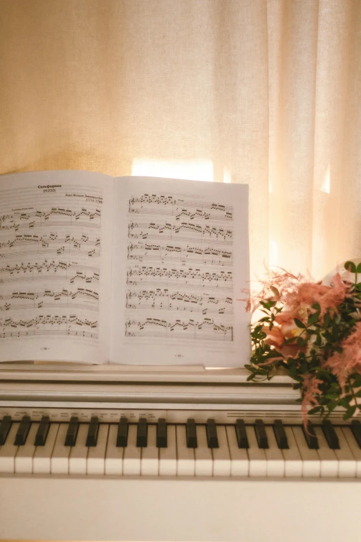 a sheet of music rests on the piano keys