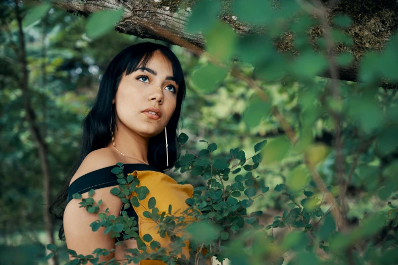 a woman with long black hair and wearing a black dress, in a tree