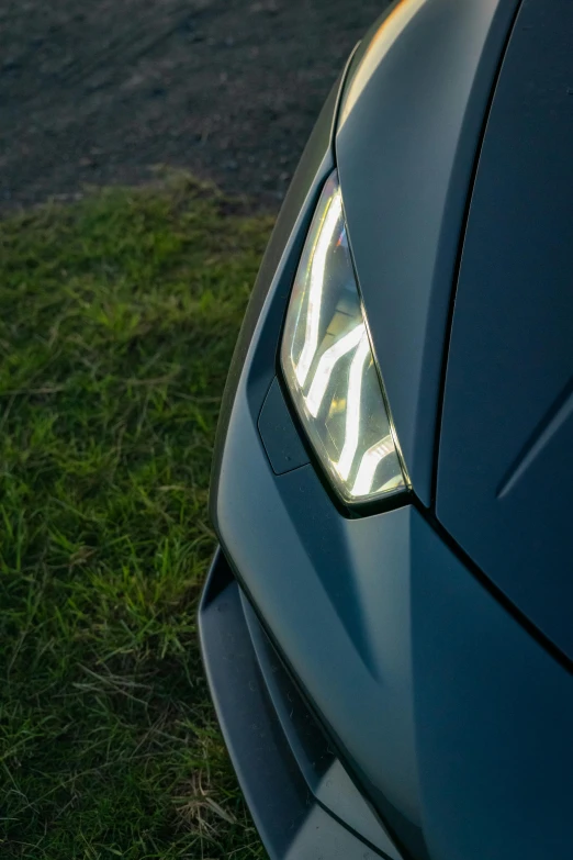 close up view of car's headlights in the grass