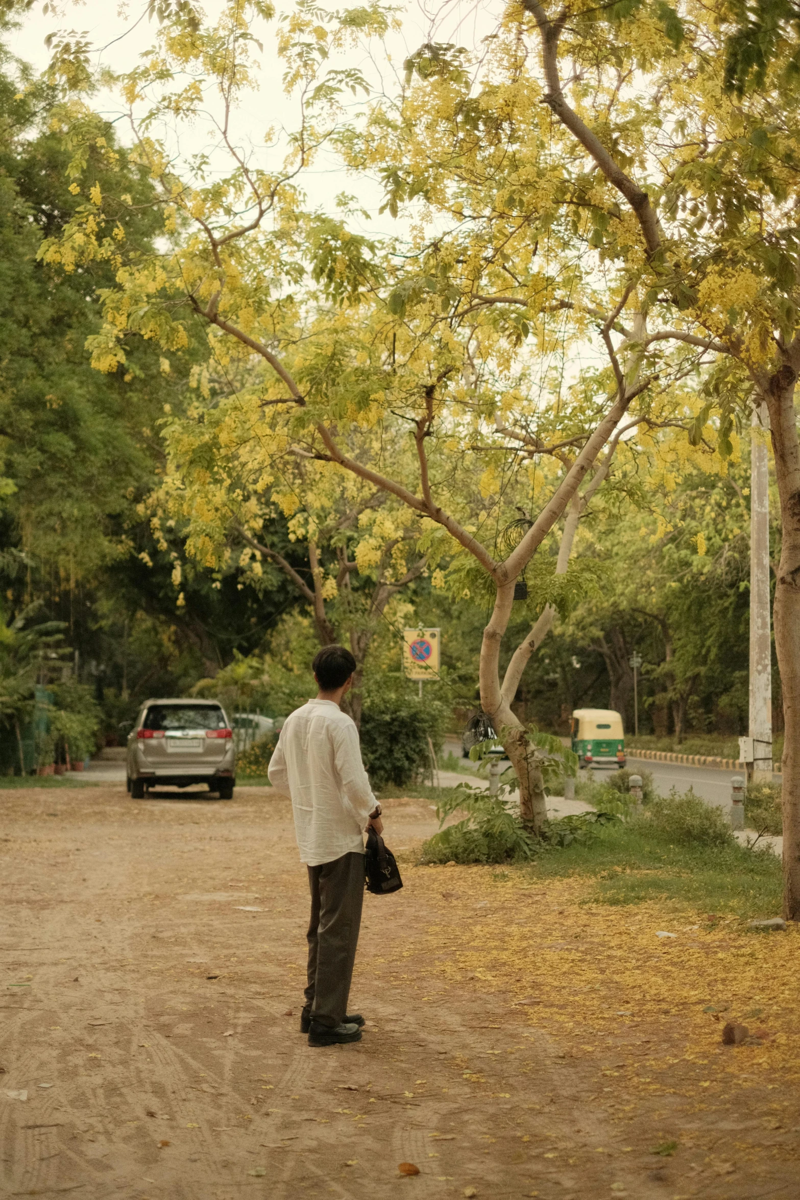 a man walking down the road toward a parked car
