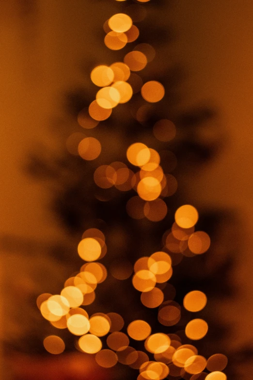 blurry po of christmas lights against a brown background