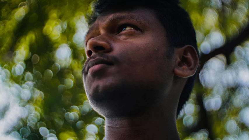 a man looking up at the sky in a forest