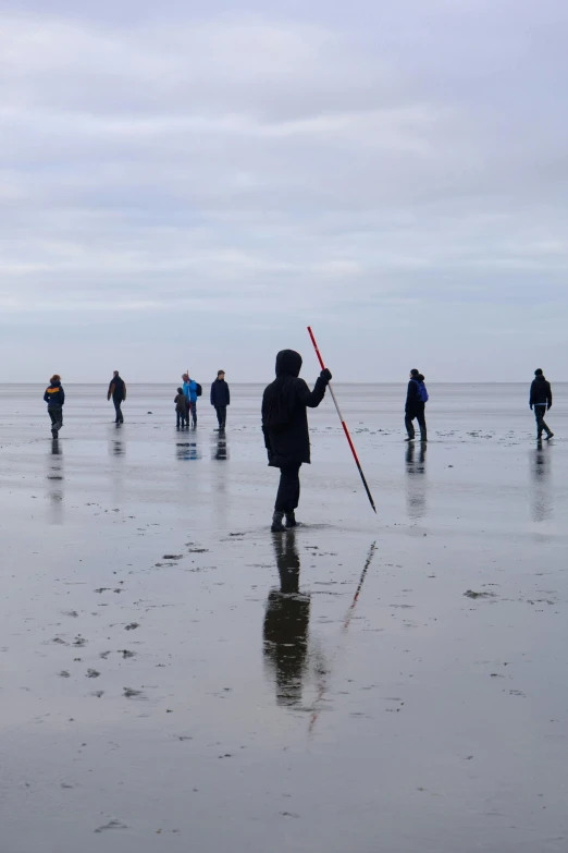 a group of people with large skis in the snow