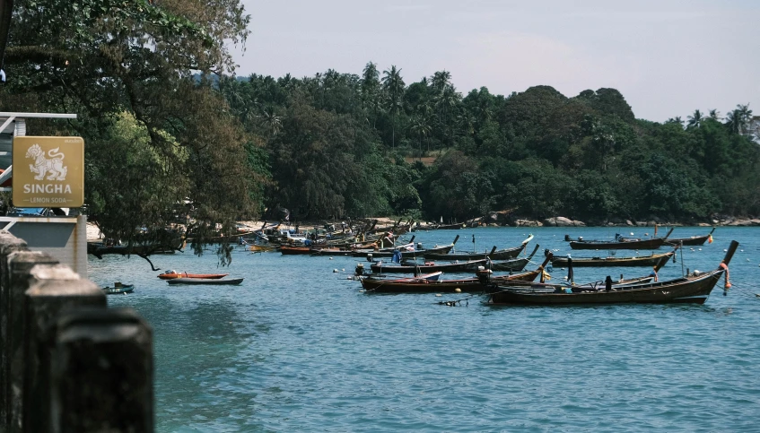 many small boats in the water on a lake