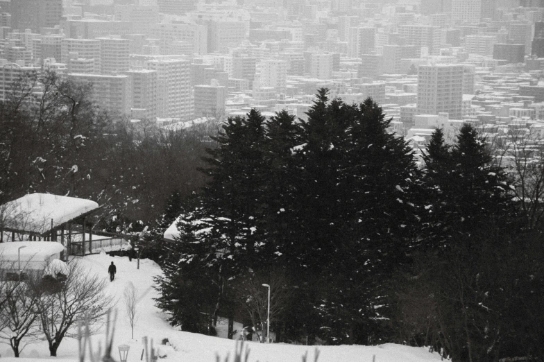 the slopes are covered in snow with a city background