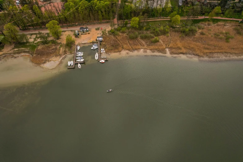 a po taken from an aerial view of a boat dock and a lake