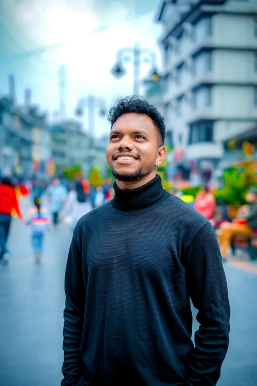 a man is standing on the sidewalk smiling