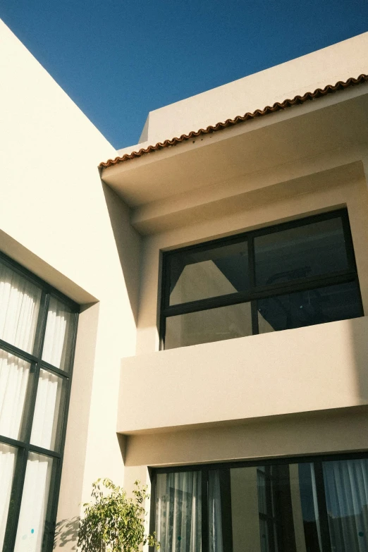 an apartment complex with sunlit windows and a vase of flowers