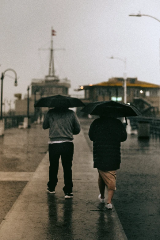 two people standing on a city street while it rains