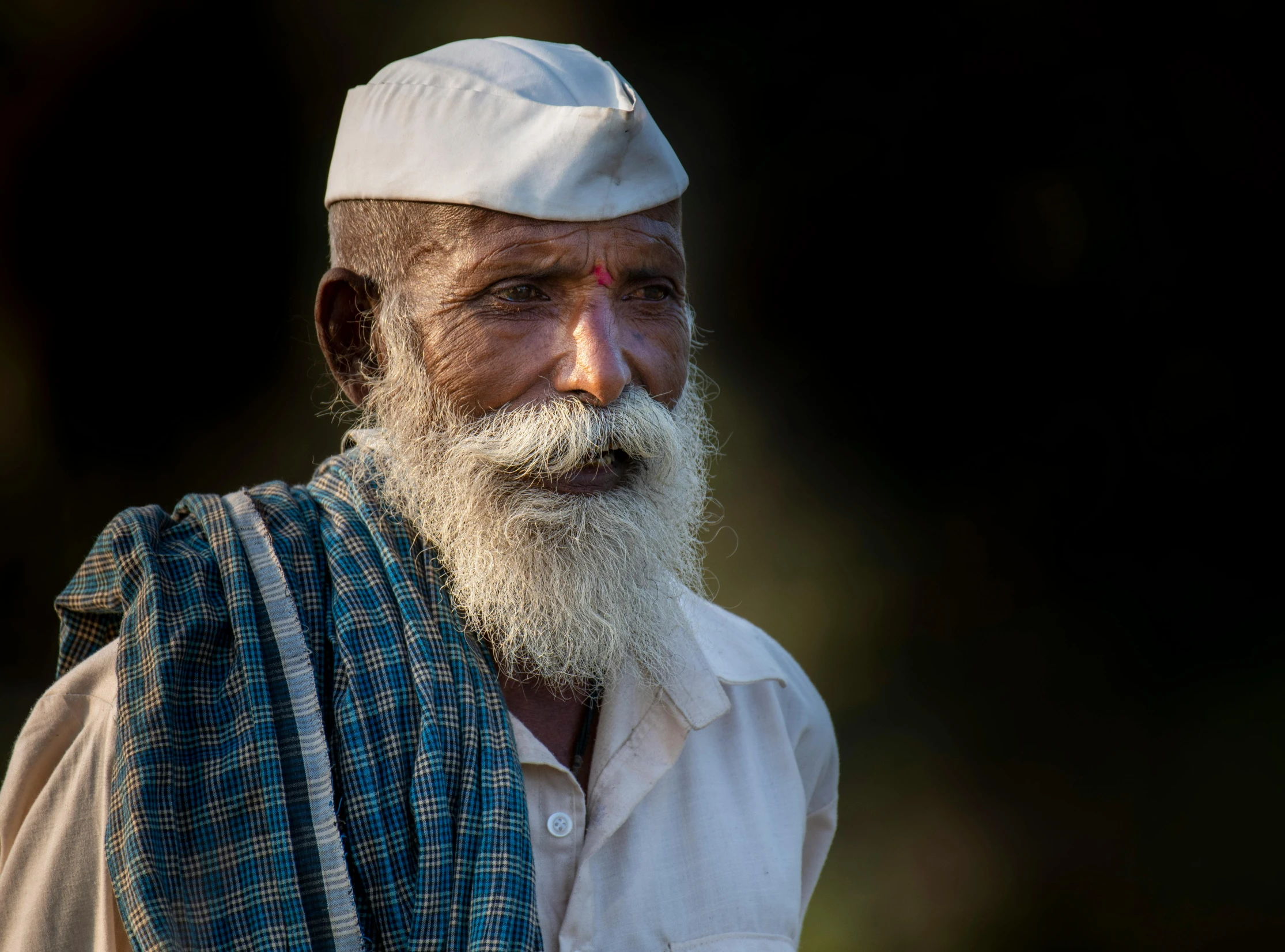 a man with a white beard and white hair is looking straight ahead