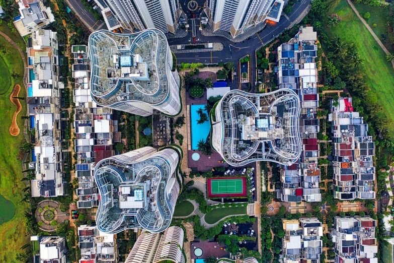 an aerial view of a city with lots of buildings