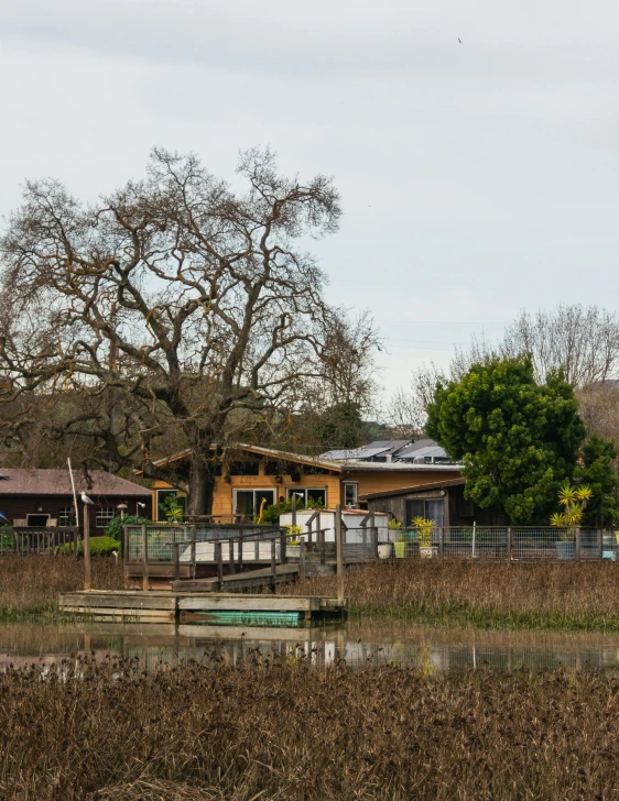 a house near a water body with a clock on it