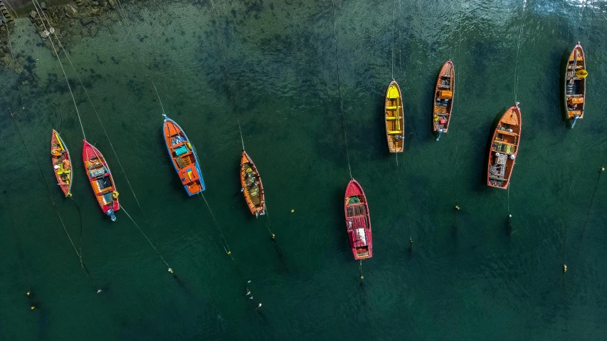 a group of boats are floating in the water