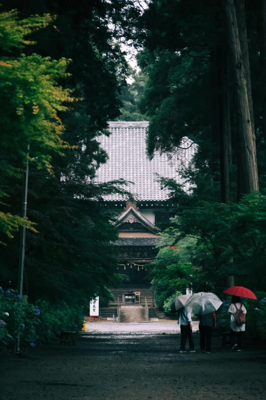 three people with umbrellas standing in front of a tall building