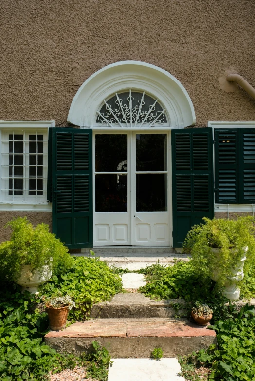 a window with green shutters and plants around