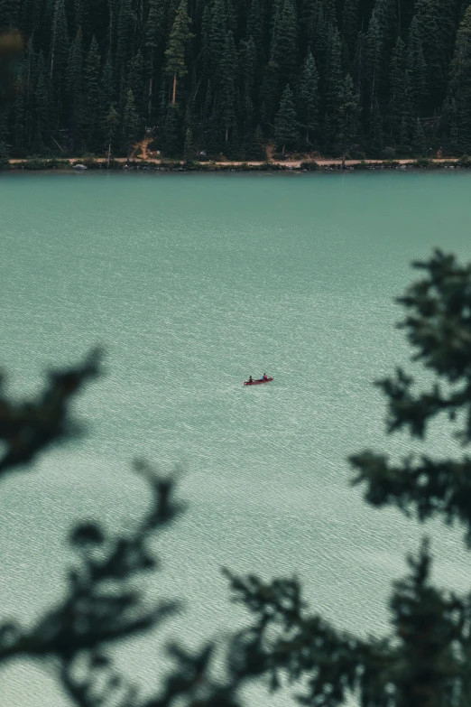 a red boat in a calm lake surrounded by pine trees