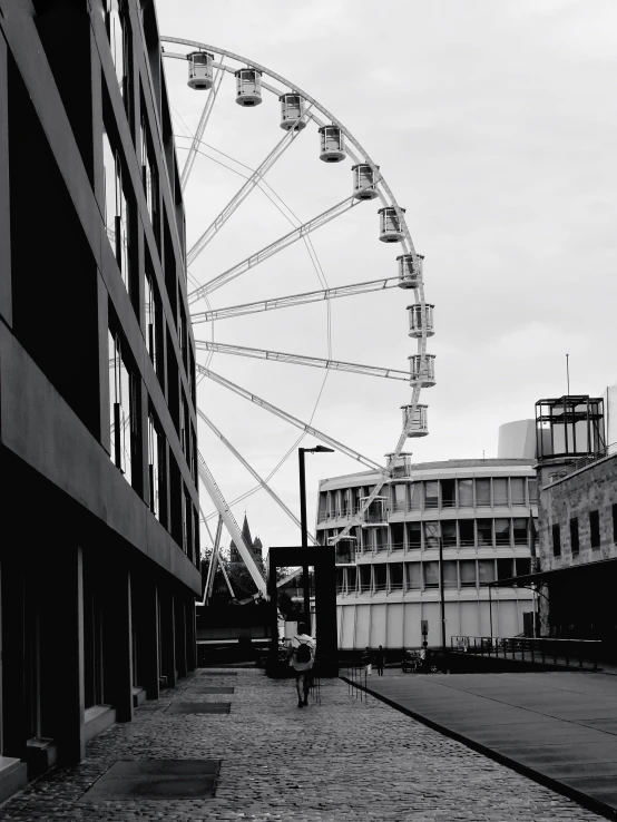 a ferris wheel is near some buildings
